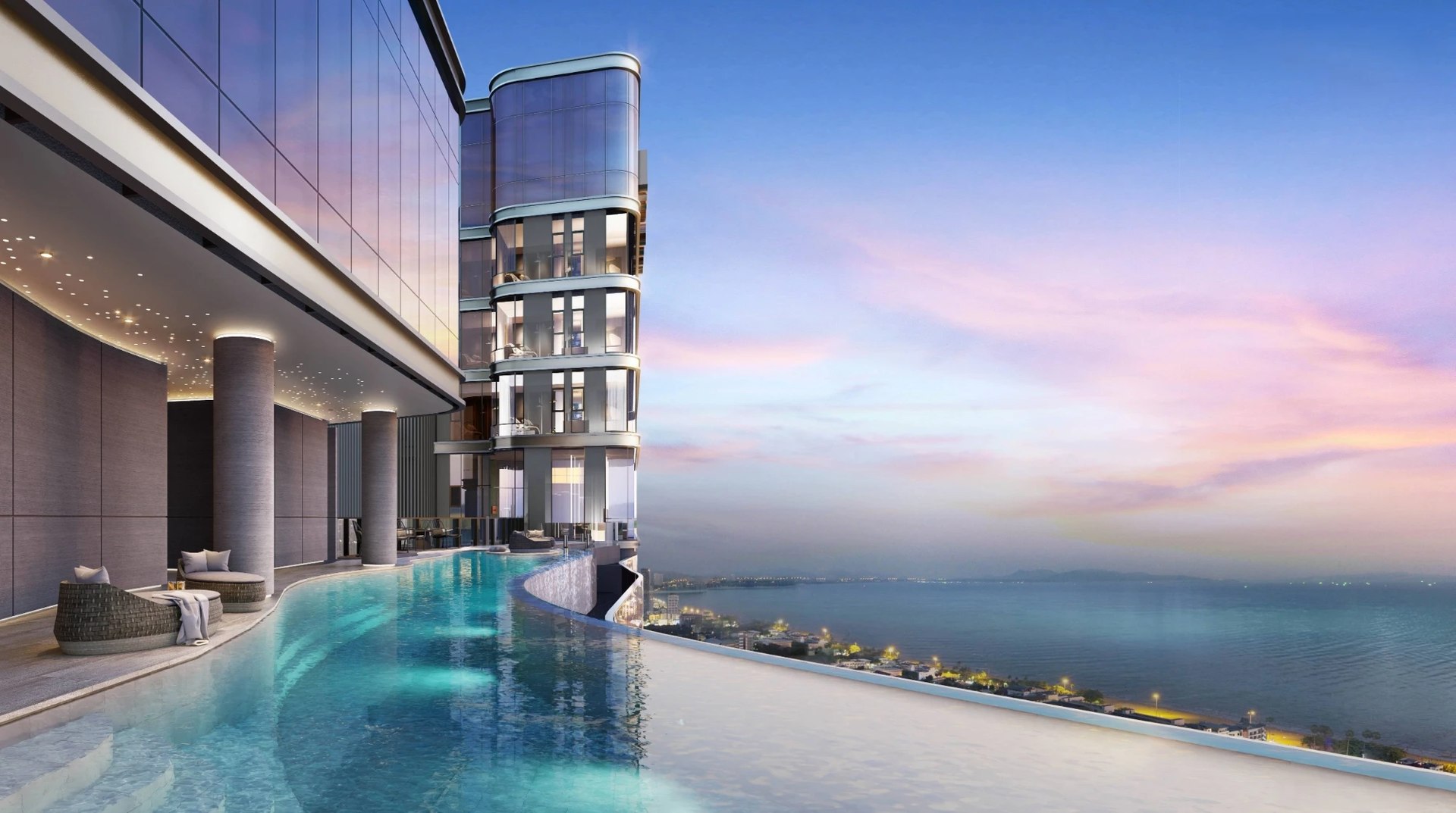 Aquarous Jomtien Pattaya — бассейн на крыше на закате